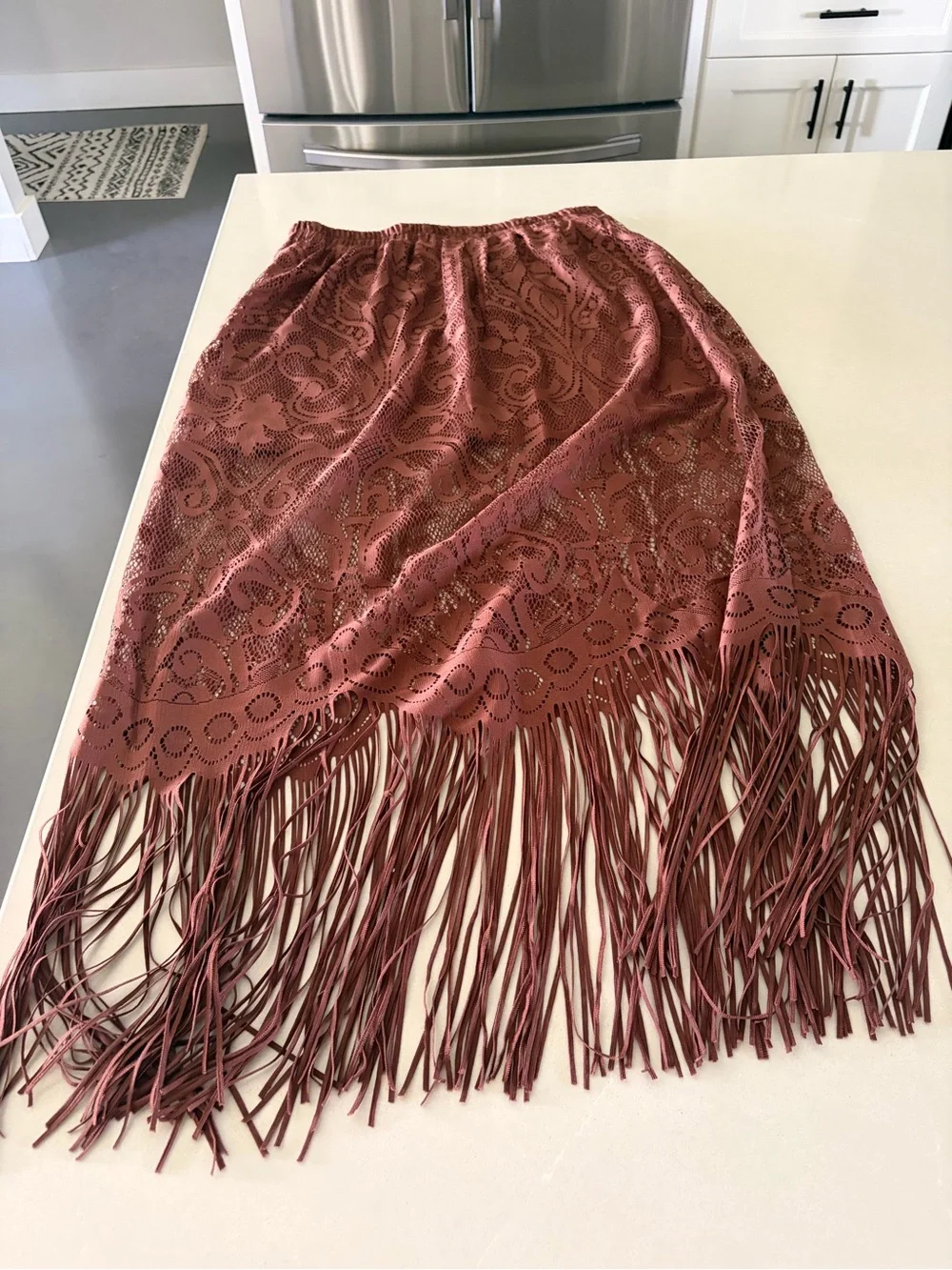 Fringed Laser-Cut Maxi Skirt in Brown